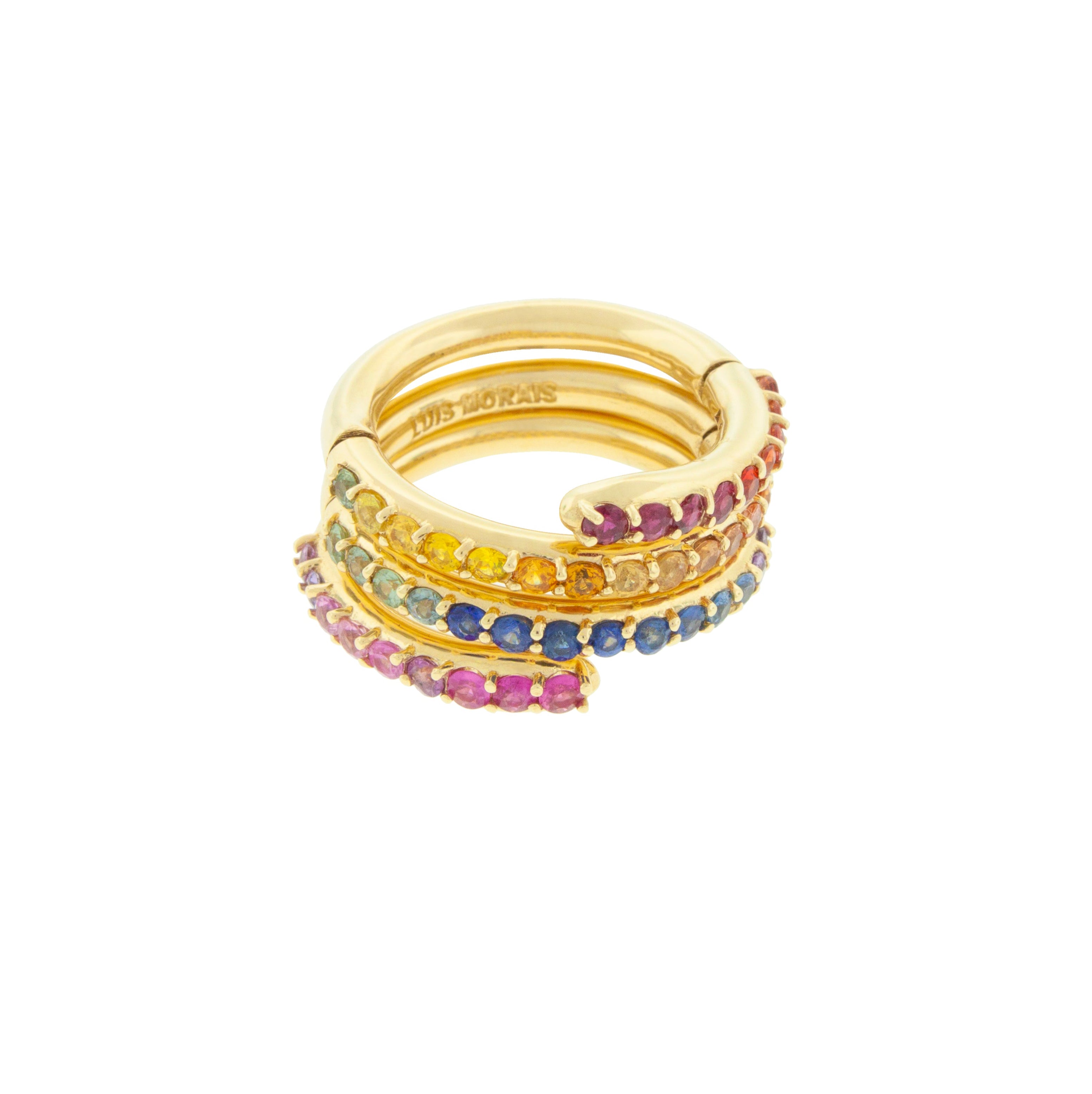 14K Yellow Gold Serpentine Ring with Round Rainbow Sapphires 