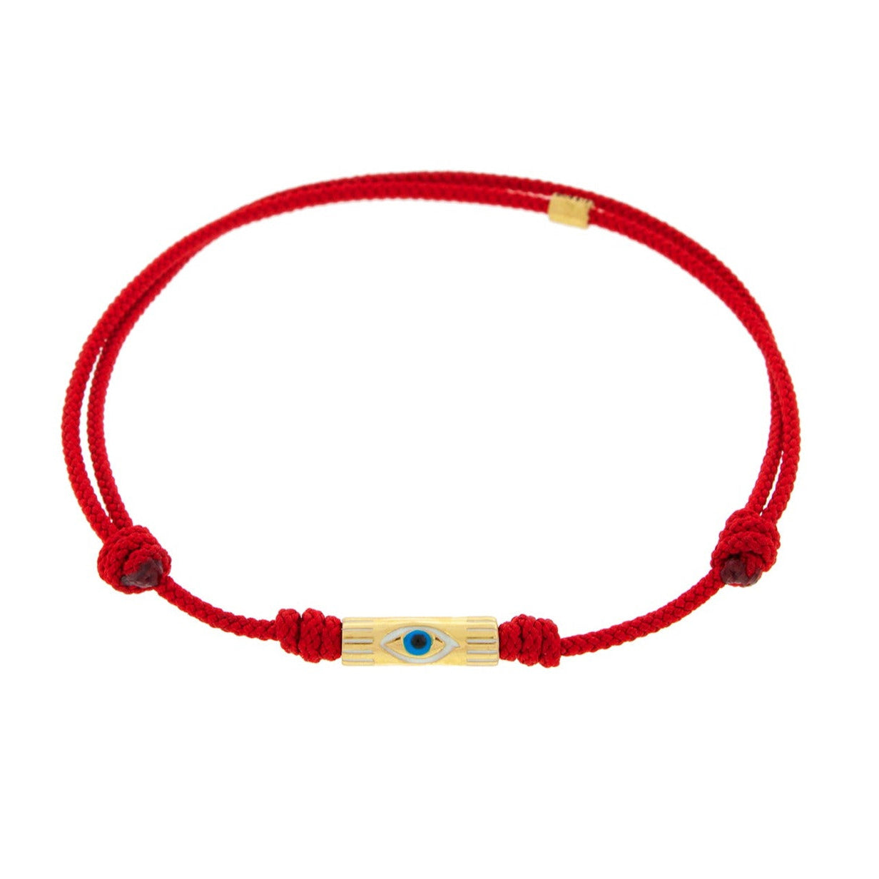 LUIS MORAIS 14K Yellow Gold Enameled Evil Eye Symbol on a Ribbed Slim Tube on a Red Cord Bracelet