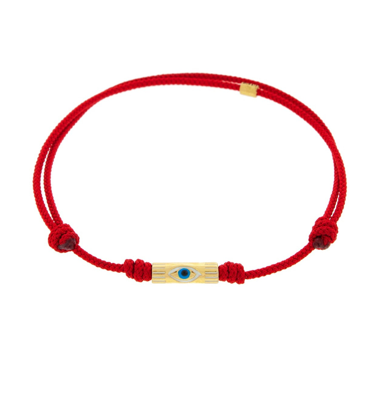LUIS MORAIS 14K Yellow Gold Enameled Evil Eye Symbol on a Ribbed Slim Tube on a Red Cord Bracelet