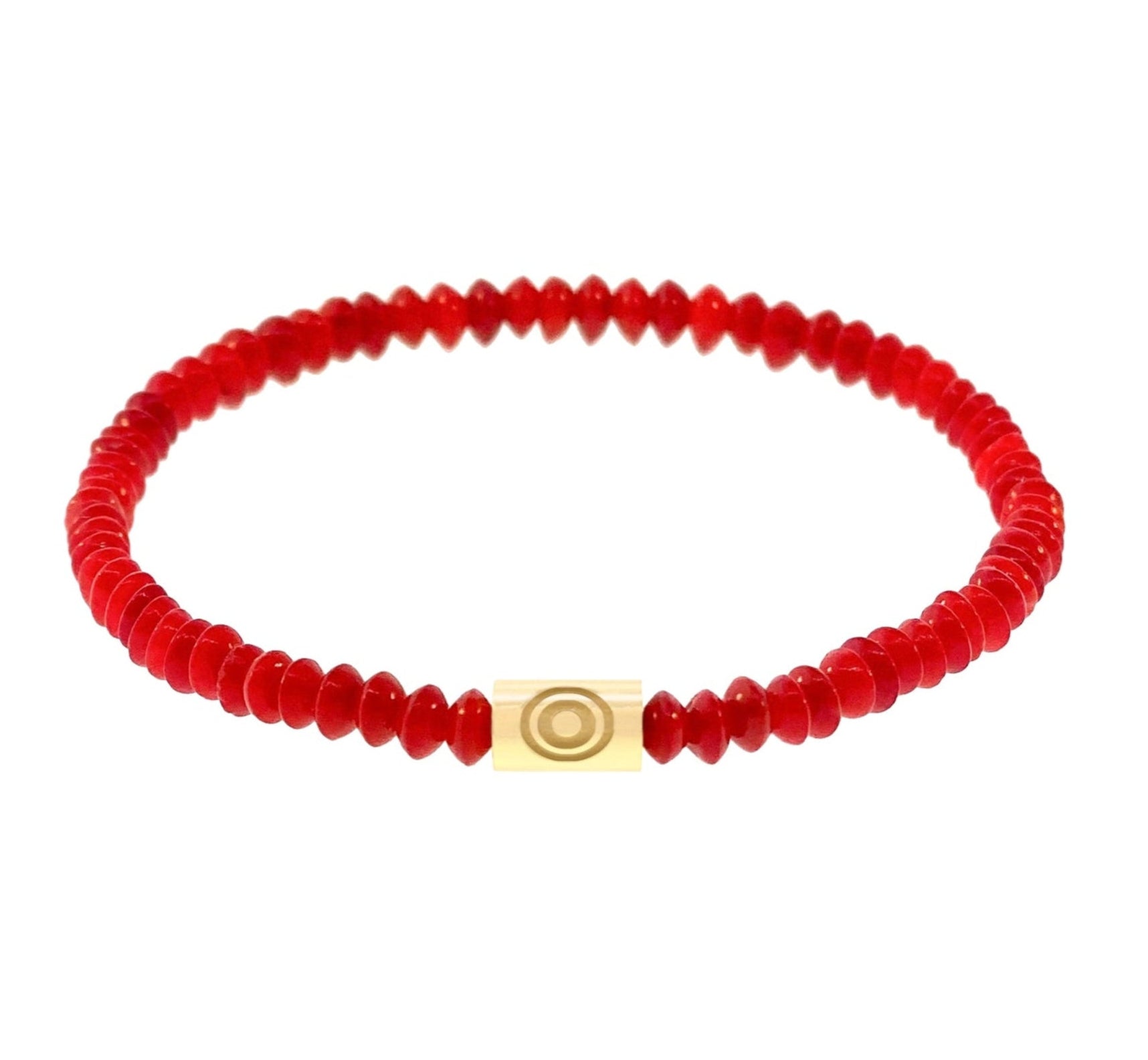 LUIS MORAIS 14k Yellow Gold Polished Tube with Recessed Evil Eye on a Coral Beaded Bracelet