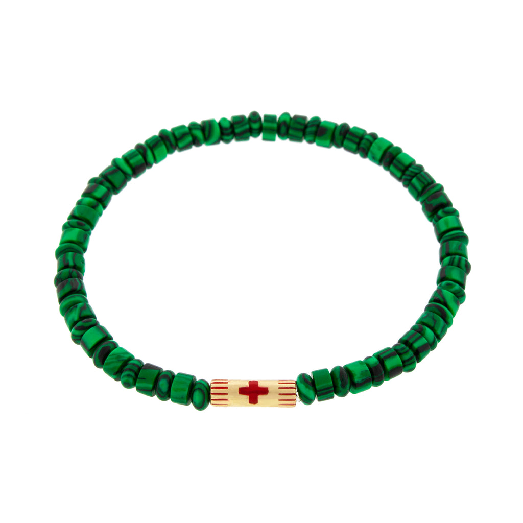 LUIS MORAIS 14K yellow gold slim tube with enameled cross on a malachite gemstone beaded bracelet