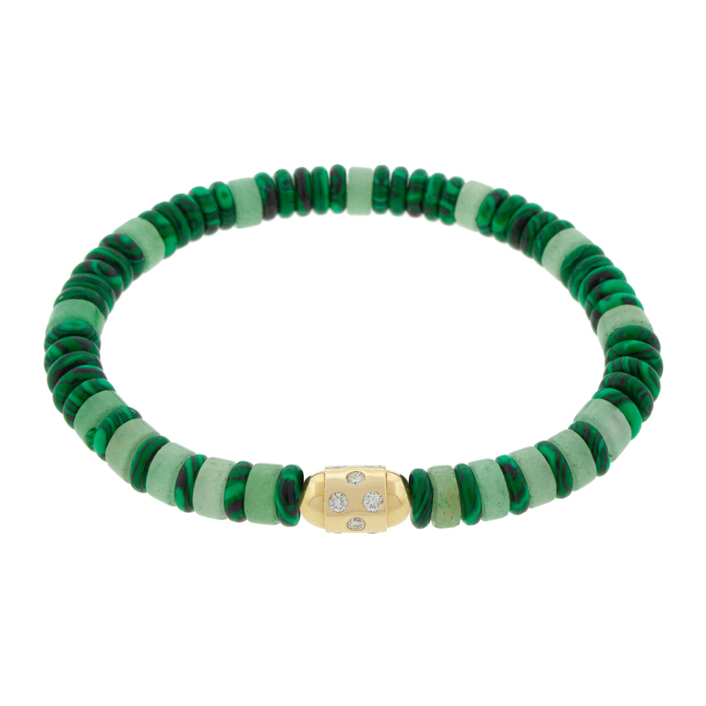 LUIS MORAIS 14K yellow gold round bolt with white diamonds on an aventurine and malachite gemstone beaded bracelet