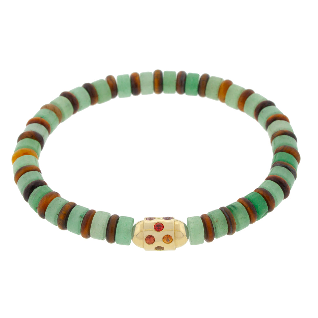 LUIS MORAIS 14K yellow gold round bolt with rainbow sapphires on a tiger's eye and aventurine gemstone beaded bracelet
