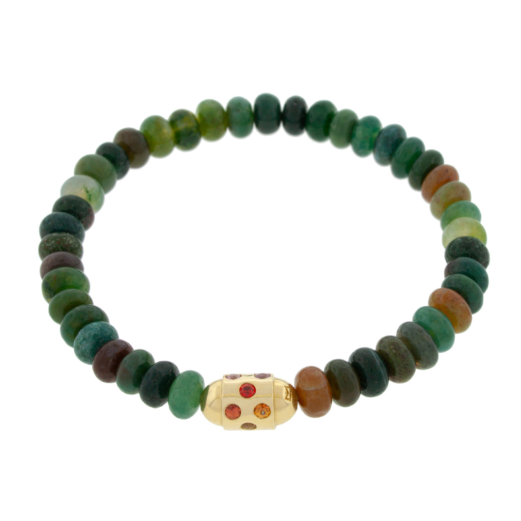 LUIS MORAIS 14K yellow gold round bolt with rainbow sapphires on an Indian agate gemstone beaded bracelet