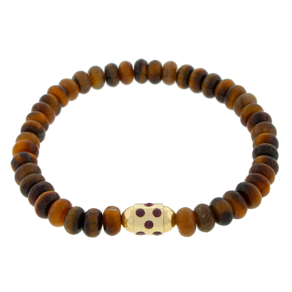 LUIS MORAIS 14K yellow gold round bolt with rubies on a tiger's eye gemstone beaded bracelet