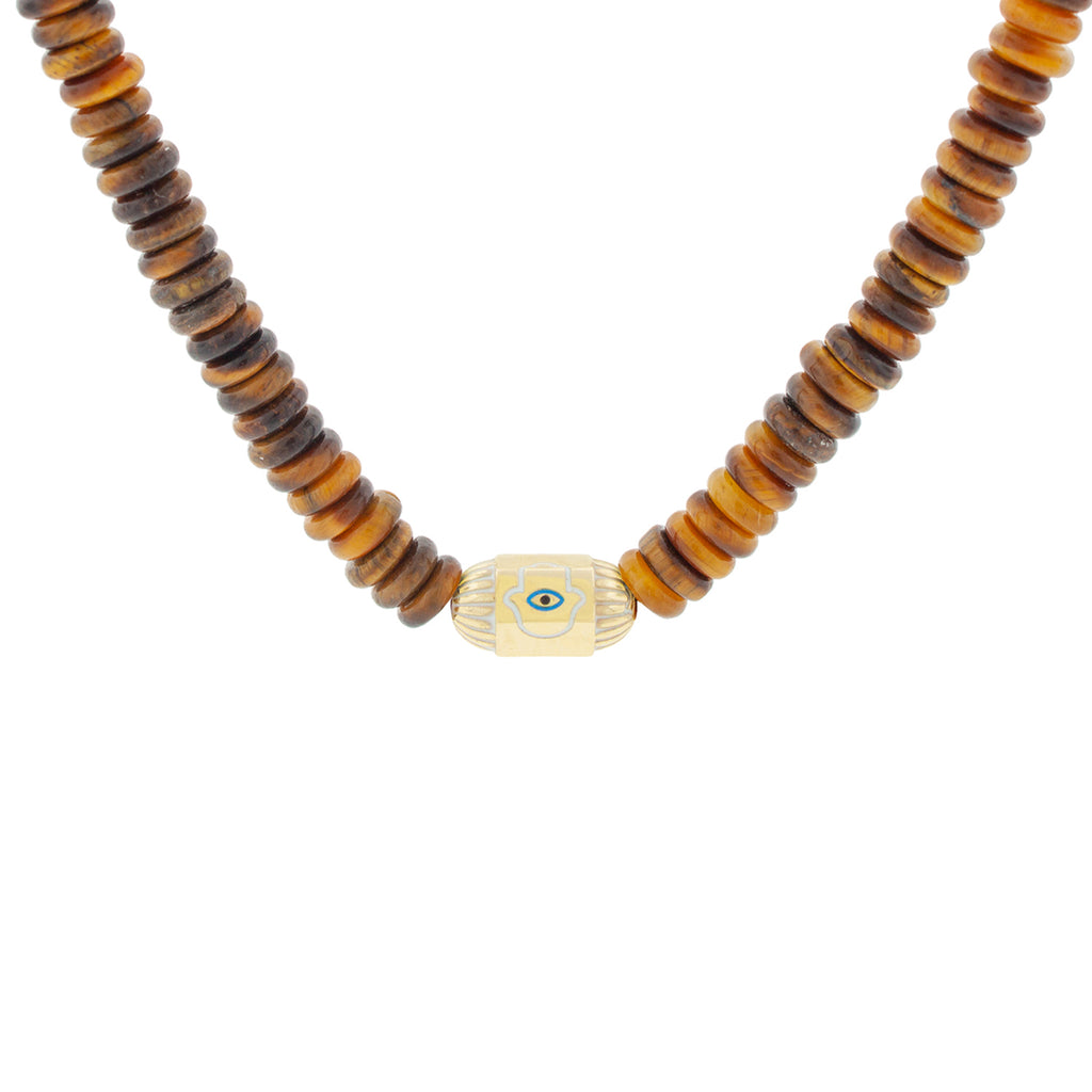 LUIS MORAIS 14K yellow gold hexagon bolt bead with an enameled hamsa and protection eye on a tiger's eye beaded choker necklace with a 14K yellow gold long clasp