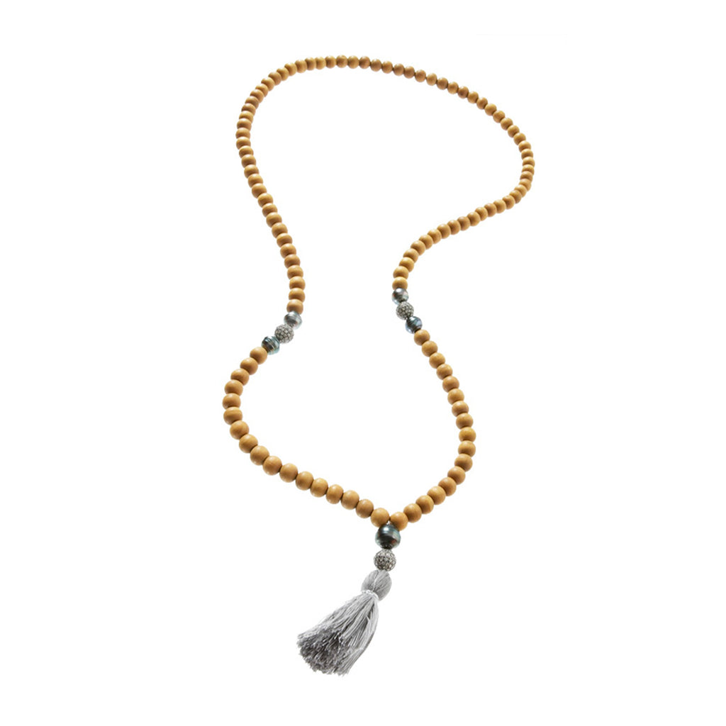LUIS MORAIS sandalwood Mala necklace featuring black Tahitian pearls and 14k gold beads encrusted with diamonds. 