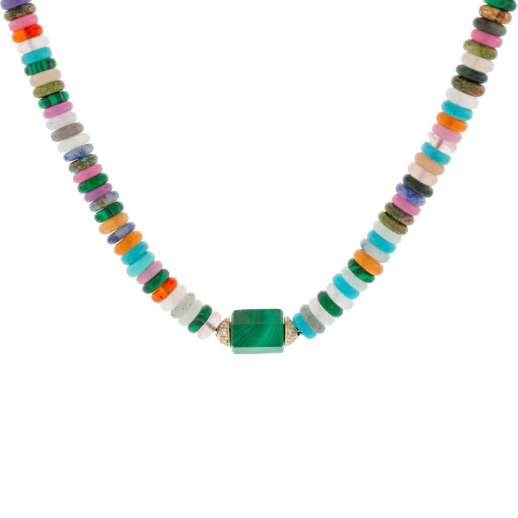 LUIS MORAIS 14K yellow gold hexagon malachite bolt with two channels of white diamonds on a multi gemstone beaded choker necklace with a 14K yellow gold long clasp