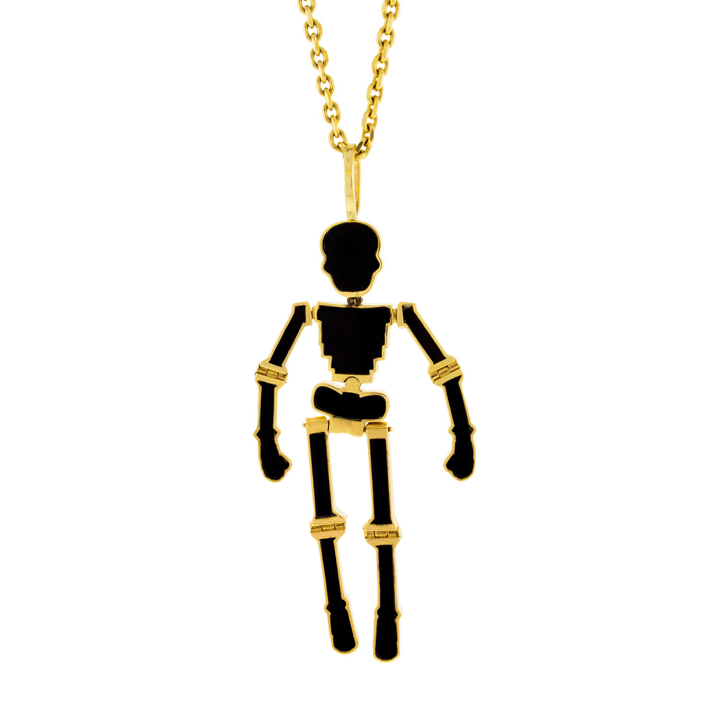 LUIS MORAIS 14K yellow gold articulated skeleton pendant with an onyx gemstone backing