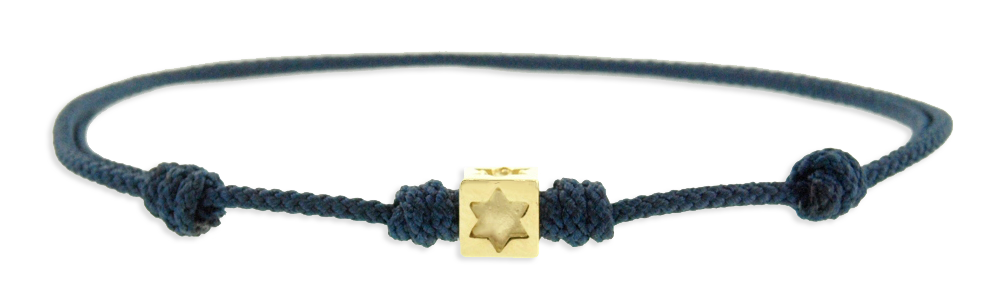 14k Yellow Gold Star Of David Cube On Adjustable Cord Bracelet.