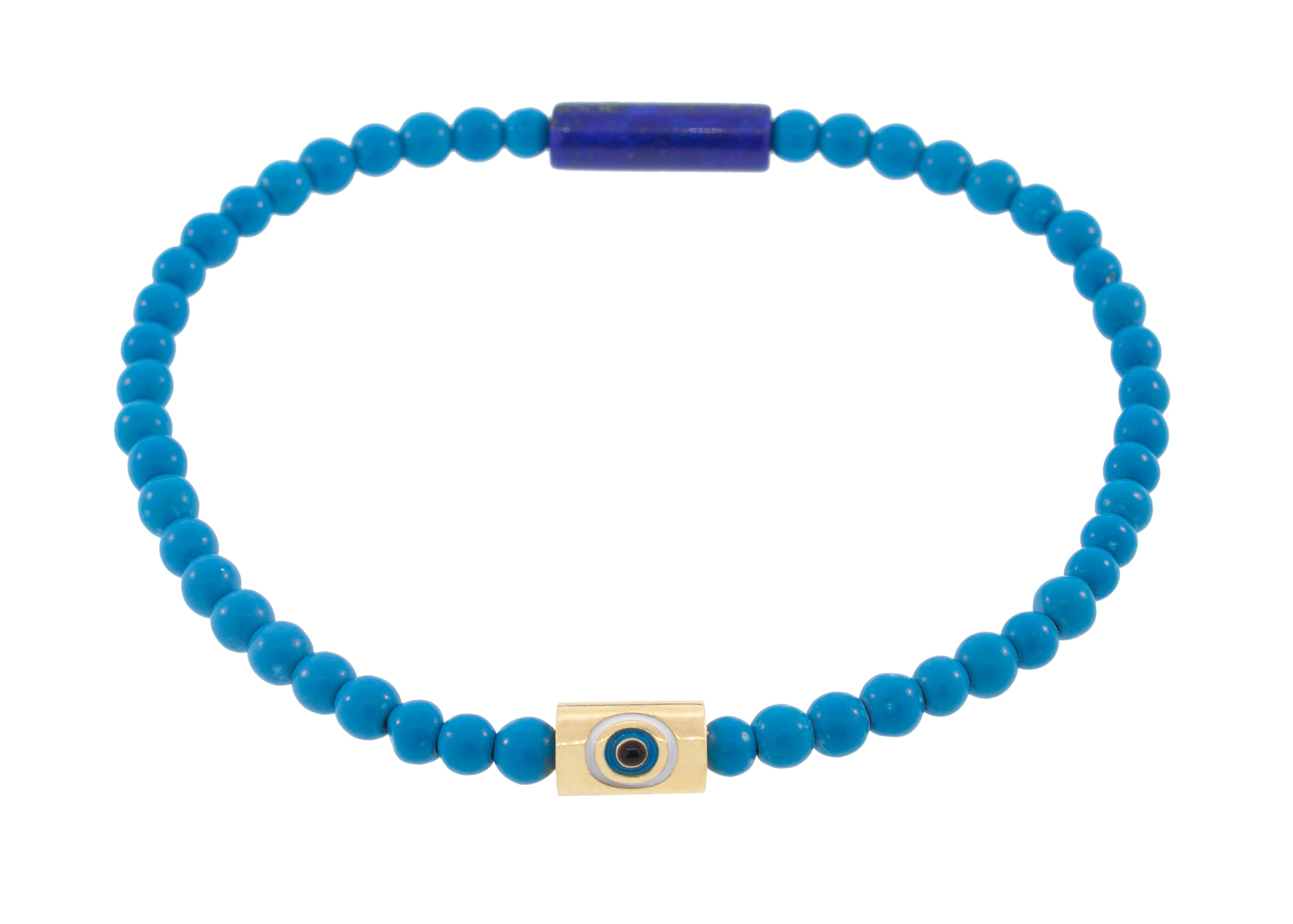 LUIS MORAIS 14K yellow gold enameled evil eye on a Turquoise bead bracelet.
