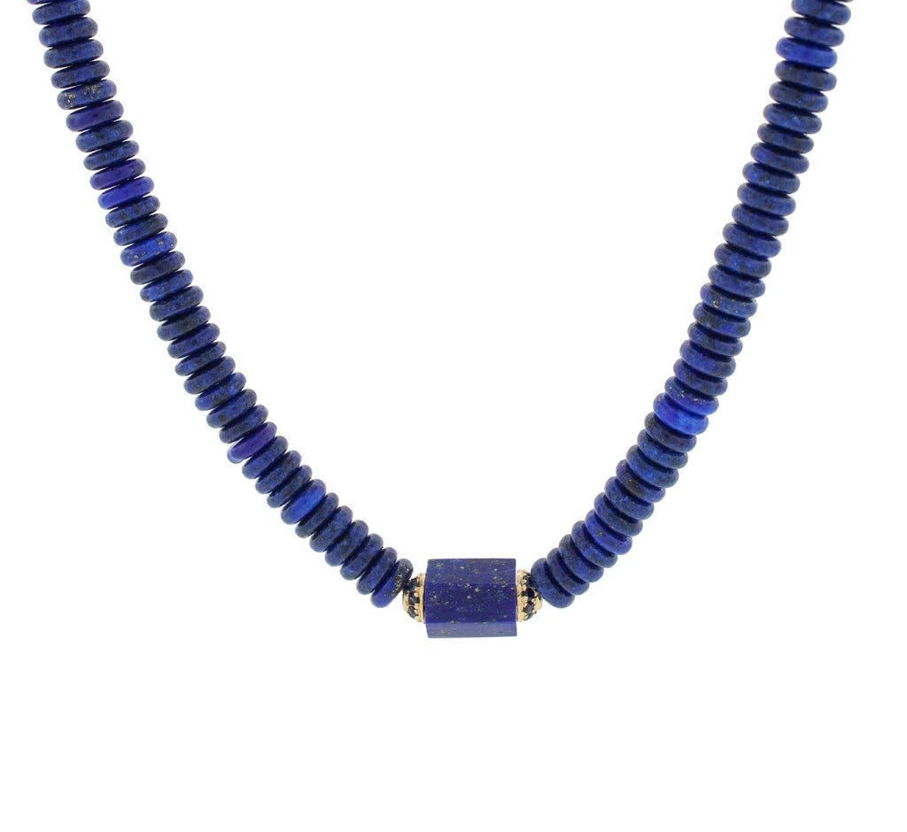 LUIS MORAIS 14K yellow gold hexagon lapis with two channels of blue sapphires on a lapis gemstone beaded choker necklace with a 14K yellow gold long clasp