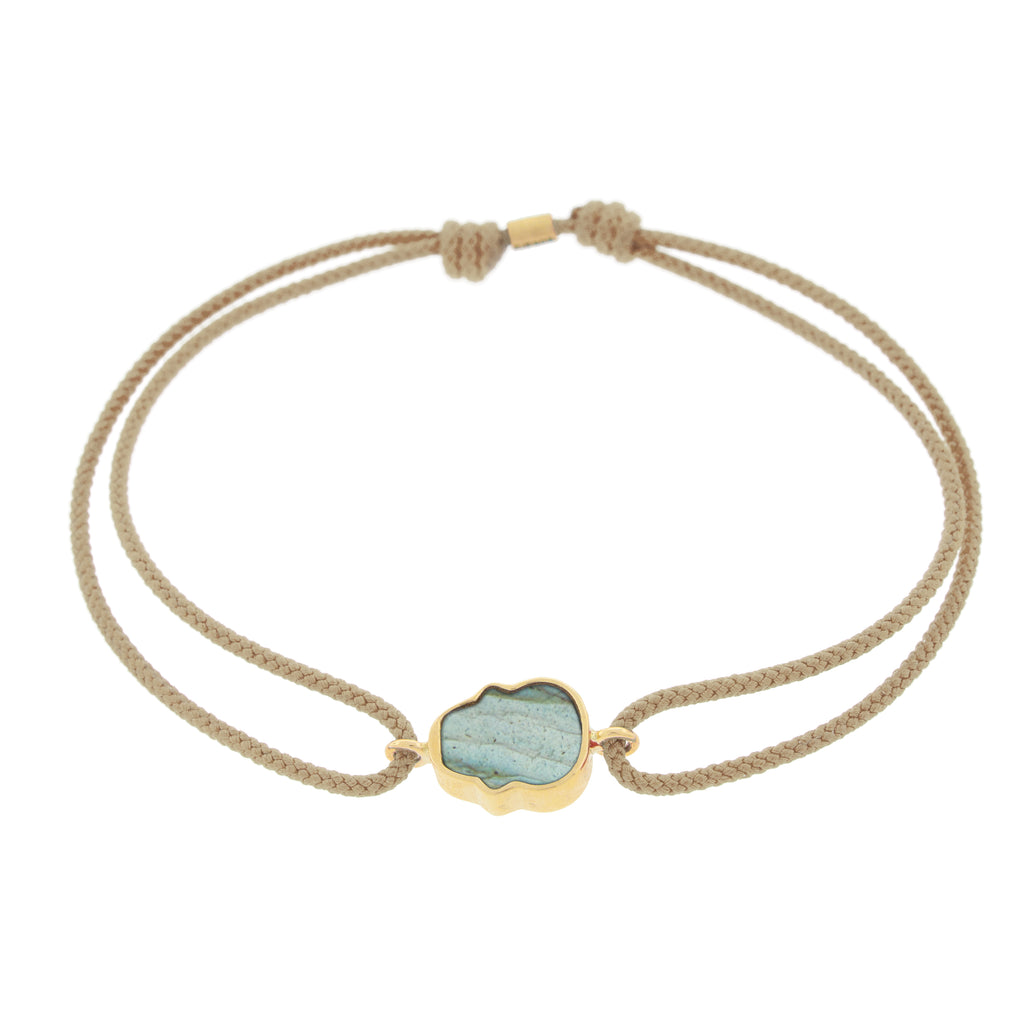 LUIS MORAIS 14K yellow gold 'The Good Times' small skull face medallion with a labradorite gemstone backing on a taupe cord bracelet BACK PHOTO