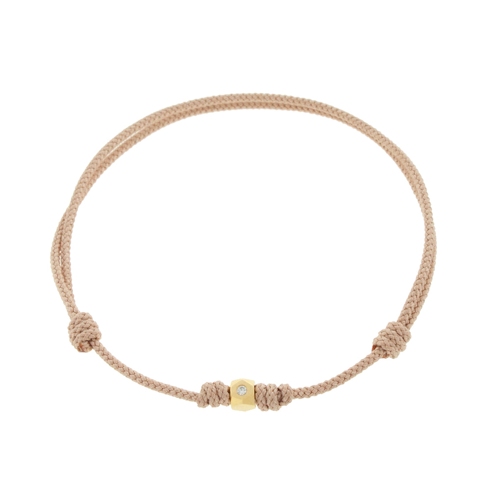 LUIS MORAIS 14K Yellow Gold Flat Tetra Bead with a White Diamond on a Taupe Cord Bracelet