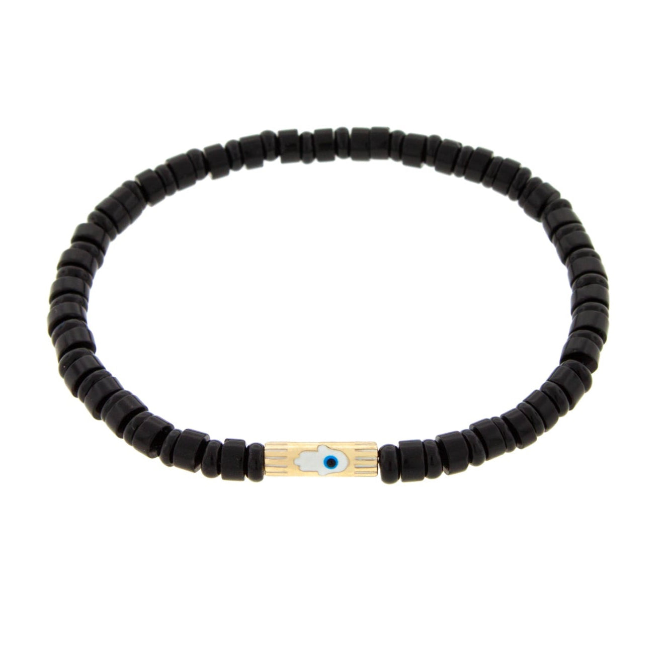 LUIS MORAIS 14K yellow gold slim tube with enameled hamsa on an onyx gemstone beaded bracelet