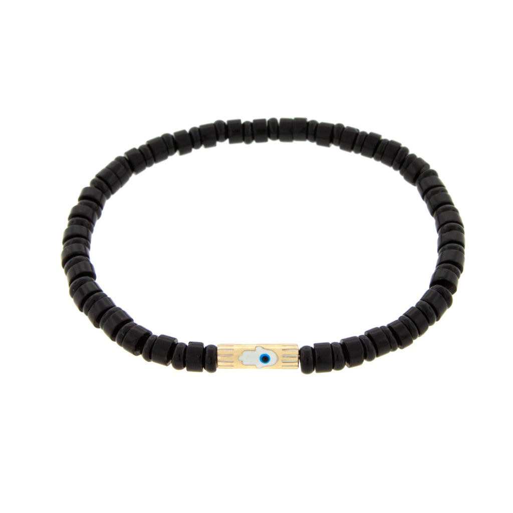 LUIS MORAIS 14K yellow gold slim tube with enameled hamsa on an onyx gemstone beaded bracelet