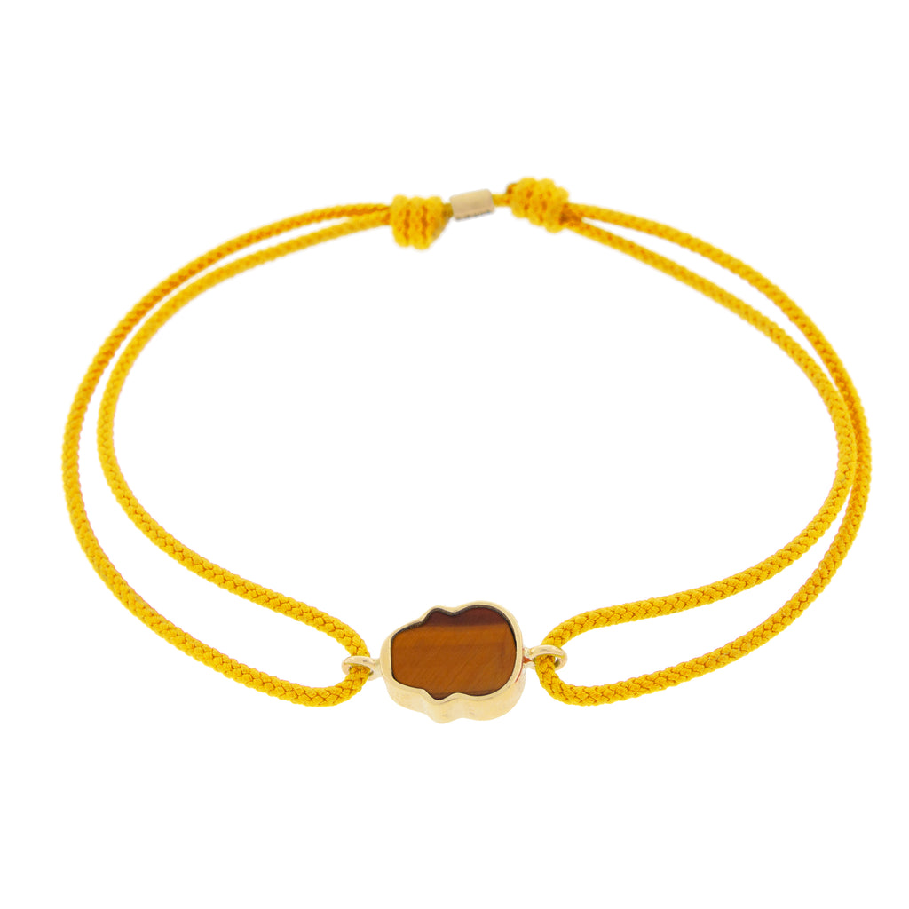 LUIS MORAIS 14K yellow gold 'The Good Times' small skull face medallion with a tiger's eye gemstone backing on yellow cord bracelet BACK PHOTO