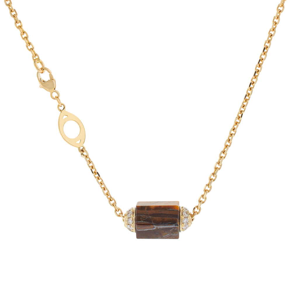LUIS MORAIS 14K yellow gold tiger's eye bolt bead with two channels of white diamonds on a 1.75 mm chain necklace. EYE CLASP