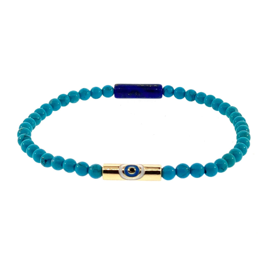 LUIS MORAIS 14k Yellow Gold Large&nbsp;Enameled&nbsp;Evil Eye on a Lapis Beaded Bracelet