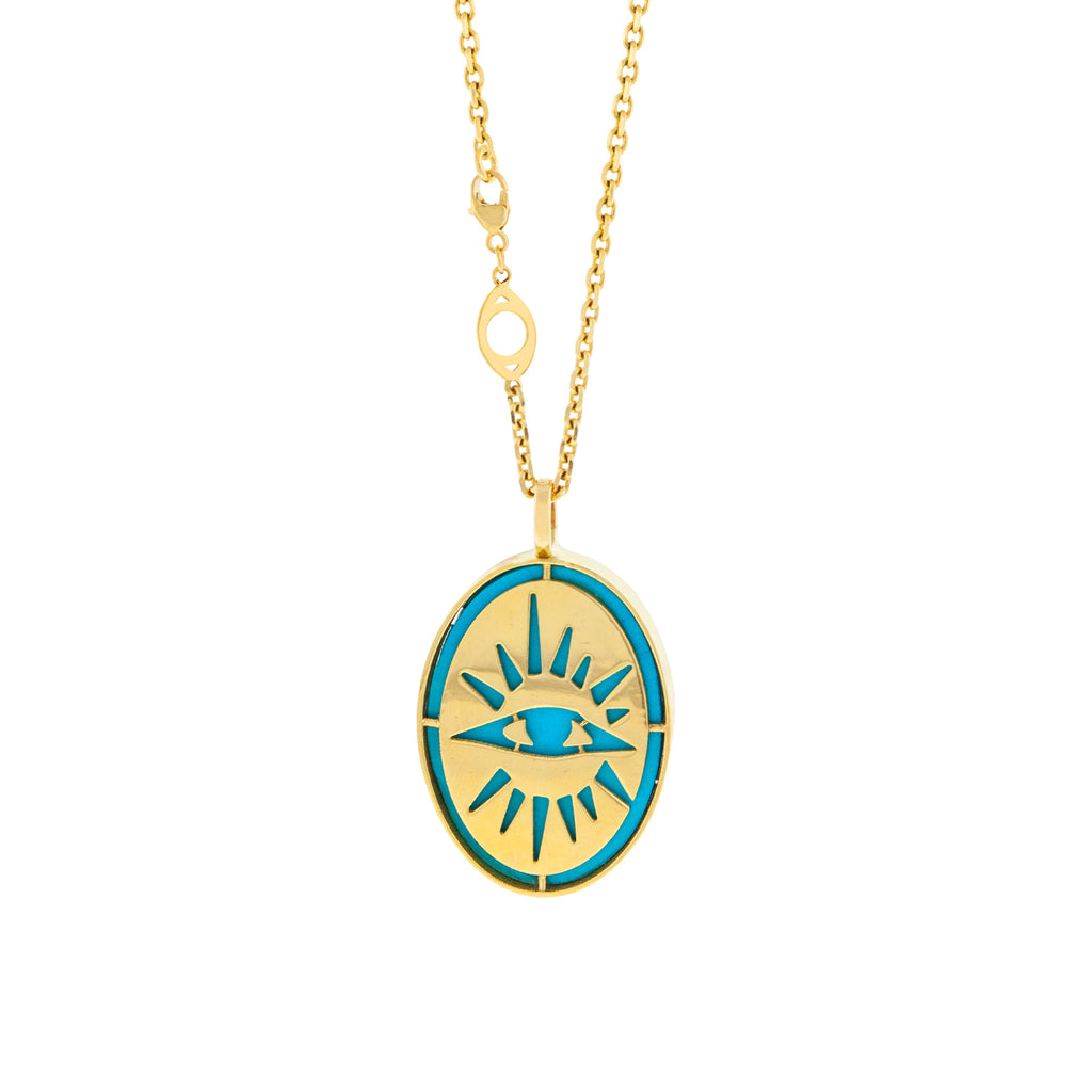 LUIS MORAIS 14K yellow gold skull medallion pendant with a turquoise gemstone backing pendant  This pendant is sold individually or on 1.75 mm chains with either an eye or a hamsa closure. We offer many lengths, if you would like a custom length, please reach out to customer service.