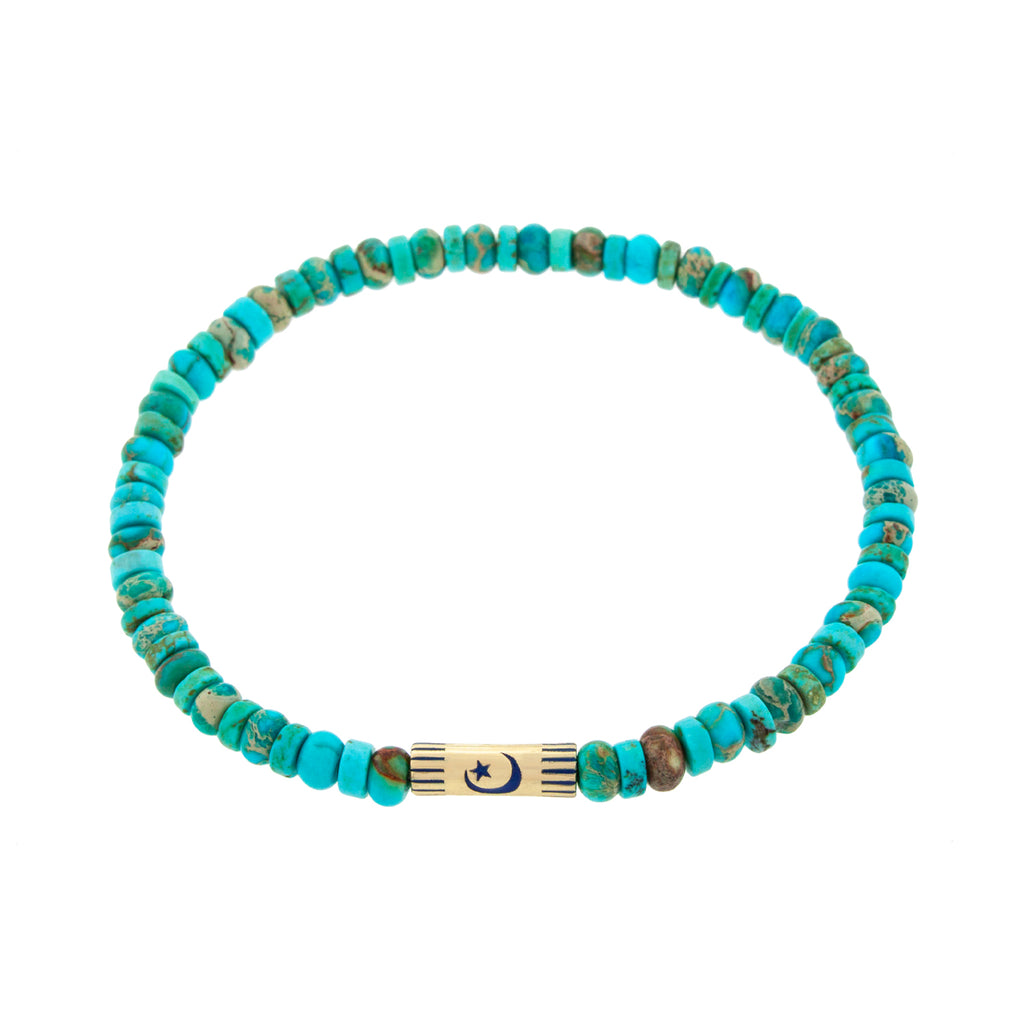 LUIS MORAIS 14K yellow gold slim tube with enameled moon star on a turquoise gemstone beaded bracelet