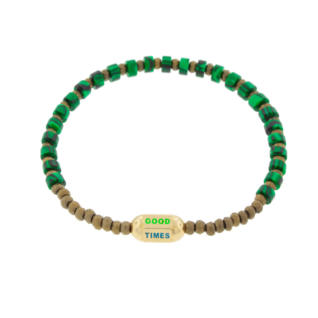 LUIS MORAIS 14K hexagon bolt bead with enameled 'Good Times' on a malachite and hematite gemstone beaded brace