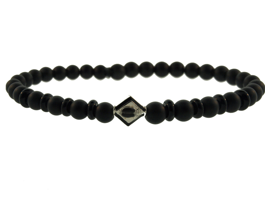 Gold Scarab Lozenge On Onyx Beaded Bracelet