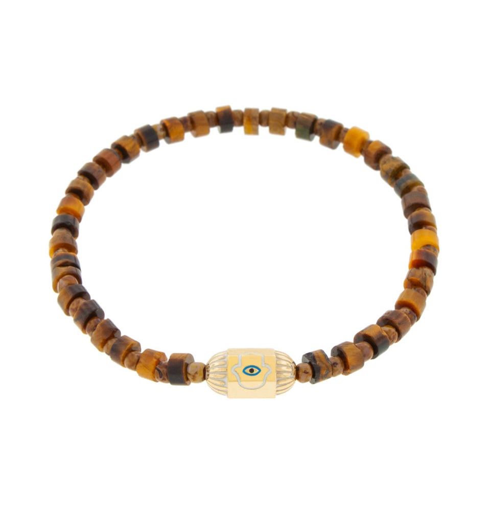 LUIS MORAIS 14K Yellow Gold Ribbed Hexagon Bolt Bead with an Enameled Hamsa Symbol on a Tiger's Eye Beaded Bracelet