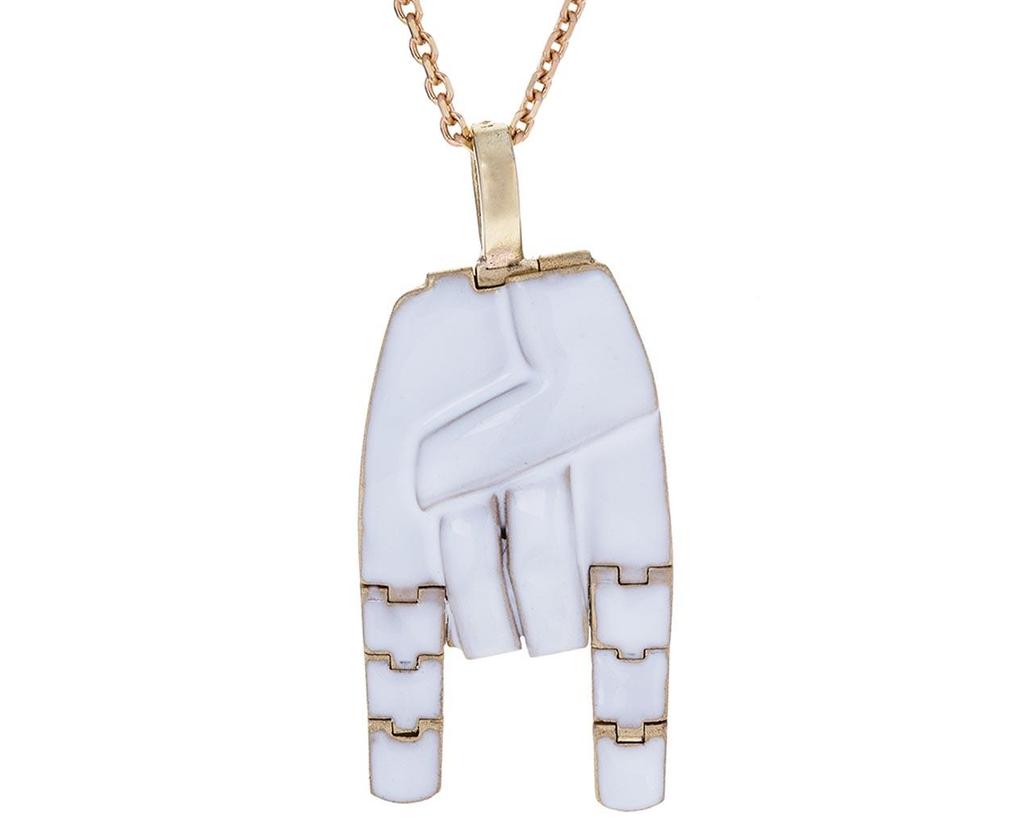 Large Articulated Hand With White Enamel Pendant